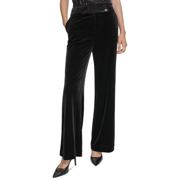 Calvin Klein Women's Trendy Velvet High-Rise Wide-Leg Pants Trouser Black 8 - Picture 4 of 9